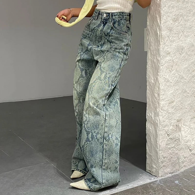 Snake-Print Wide Leg Jeans