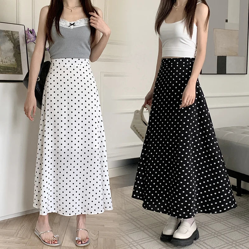 Black White Polka Dot Chiffon Long Skirts For Women Spring Summer High Waist A-line Skirt Korean Style Elegant Vintage Skirt