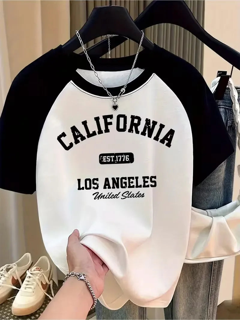 Women's California Graphic T-Shirt with Heart Design EST 1776 LOS ANGELES United States Print Casual T Shirt Graphic Y2k T Shirt