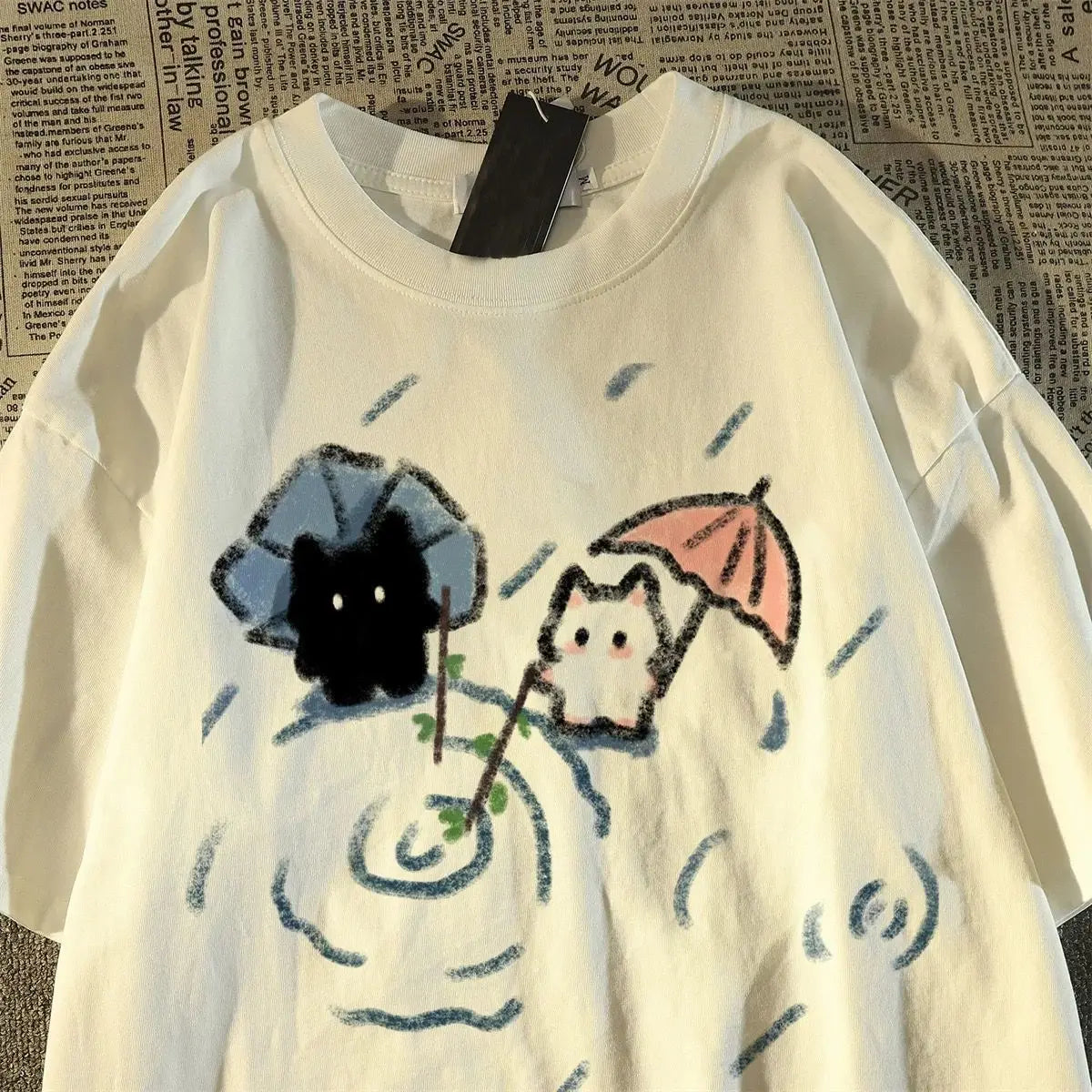 Loose Soft T-shirt with A Cute Black and White Japanese Cat Pattern A Summer Short-sleeved Top Women Clothing Graphic Tshirts