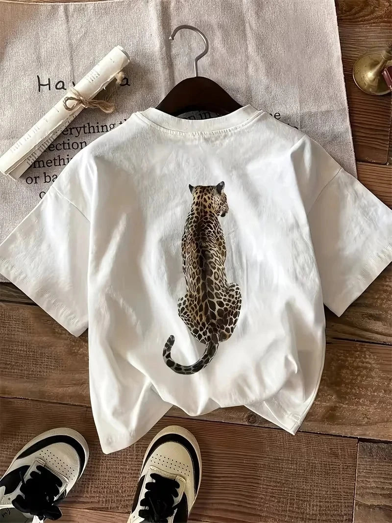 Leopard Print Round Neck Short Sleeve T Shirt for Women Casual Sports Style Soft Breathable Lightweight Eco Friendly Personality