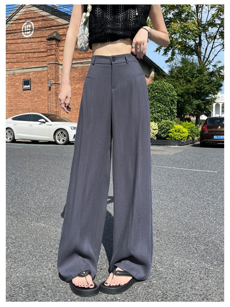 Women's Summer Lightweight High-Waisted Flowy Loose-Fit Straight-Leg Casual Curved-Leg Wide-Leg Linen Trousers Soft  Breathable