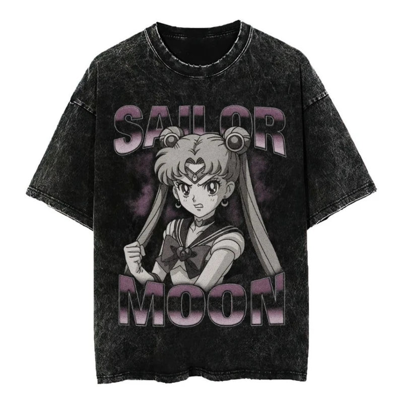 2026 New Arrival Women Sailor Moon 100% Pure Cotton Washed Retro T-shirt Summer Y2K Street Fashion Tops