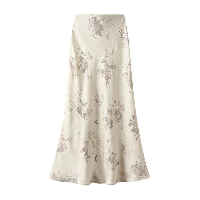 Women Elegant Gilded Printed Pleated Skirts Korean Fashion High Waist Overskirts for Women Vintage Fishtail Long Skirts Summer