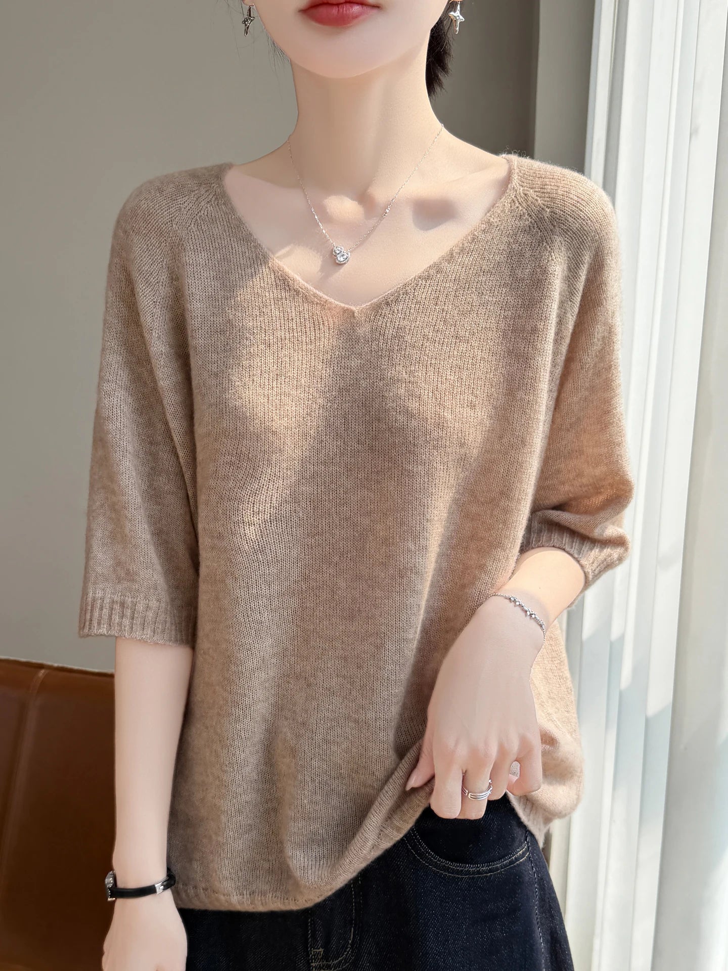 Basic Spring Summer Women's T-Shirts Wool Blend Female Knitwear Loose Pullover Cozy Blouse Half Sleeve Clothing Plus Size Tops